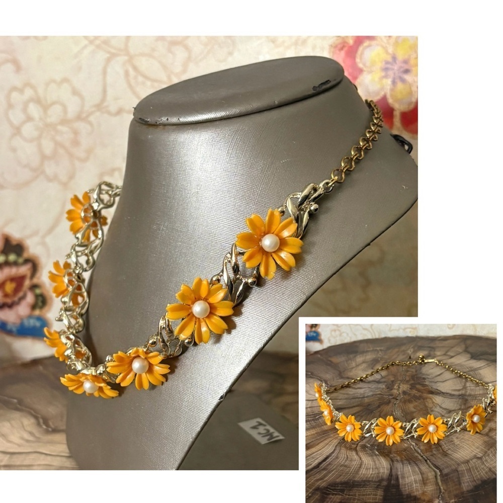 Orange Flowers with Pearl Center Gold Chain Choker Necklace